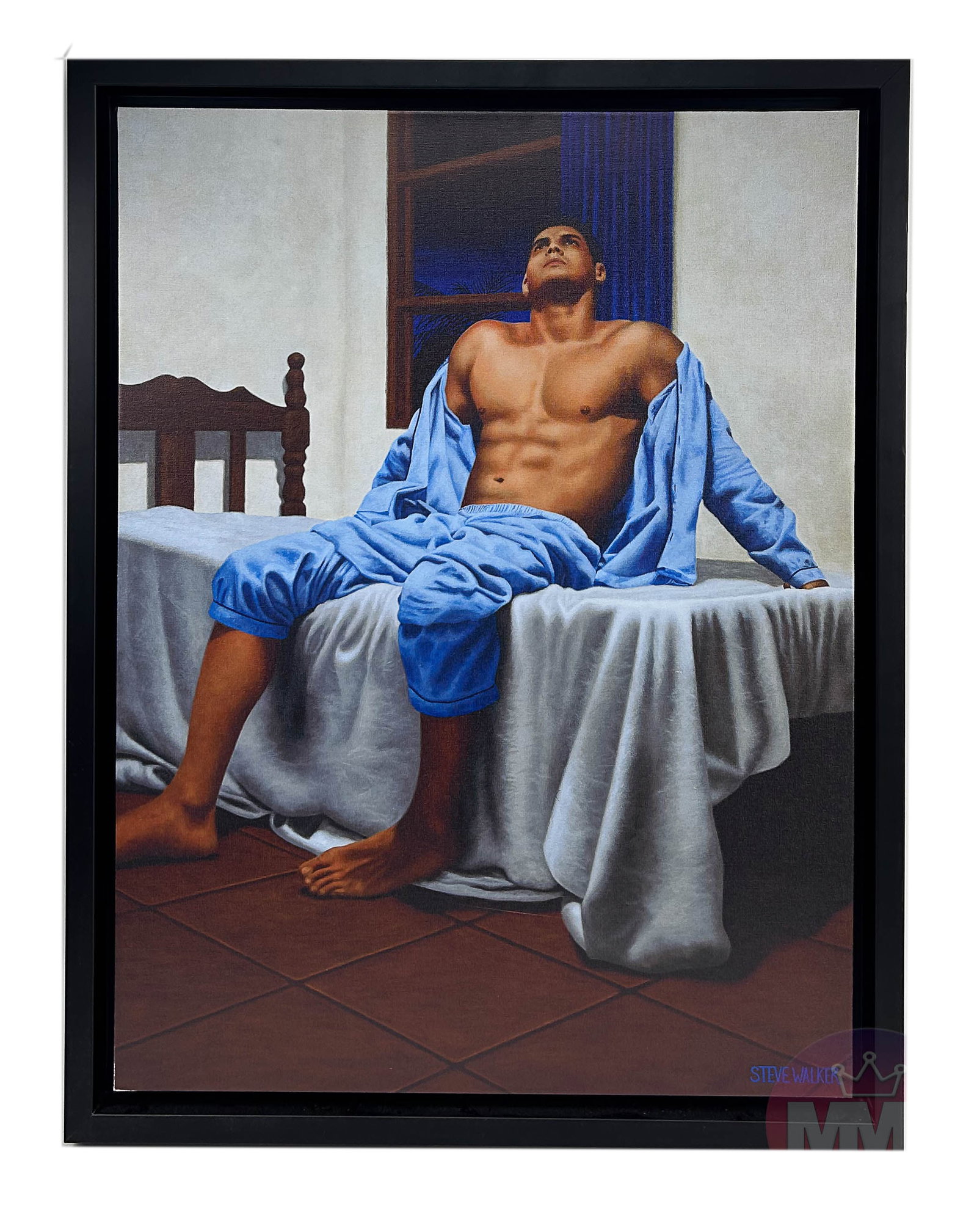 Steve Walker 1962-2012 Gay Erotic Figural Giclee: Steve Walker (American, 1962-2012). A special edition giclee on canvas. Titled, "The Blue Pajamas." An erotic figural work depicting a semi nude male figure seated on a bed, with blue curtained window