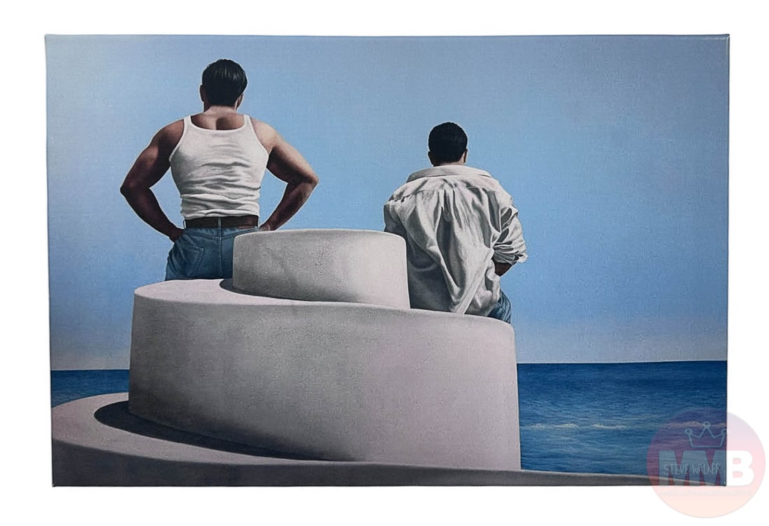 Steve Walker 1962-2012 Gay Erotic Figural Giclee: Steve Walker (American, 1962-2012). A special edition giclee on canvas. An erotic figural group seascape depicting two male figures modeled from behind, seated on an architectural element, with an oce