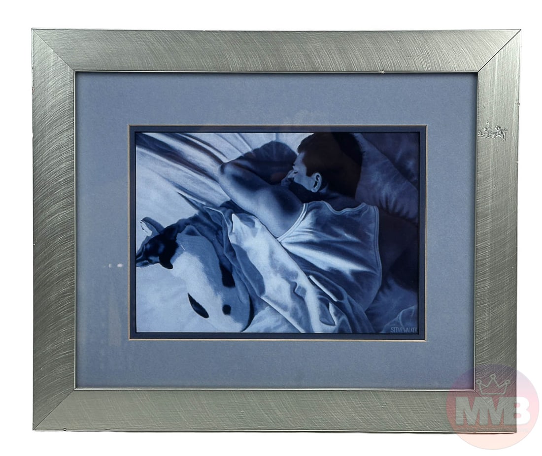 Steve Walker 1962-2012 Gay Erotic Figure Art Print: Steve Walker (American, 1962-2012). A special edition art print on paper. An erotic figural work depicting a recumbent male figure in a bed, with a small dog next to him. Artist signed in the plate to