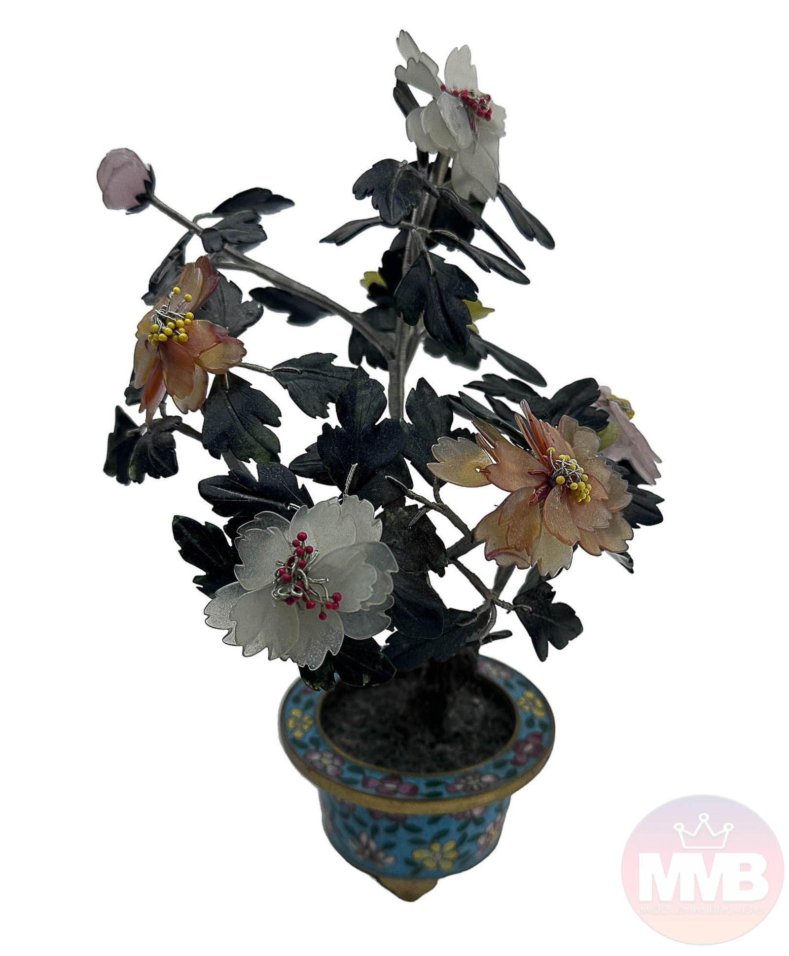 Chinese Carved Gemstone Cloisonne Bonsai Sculpture (1 of 4)