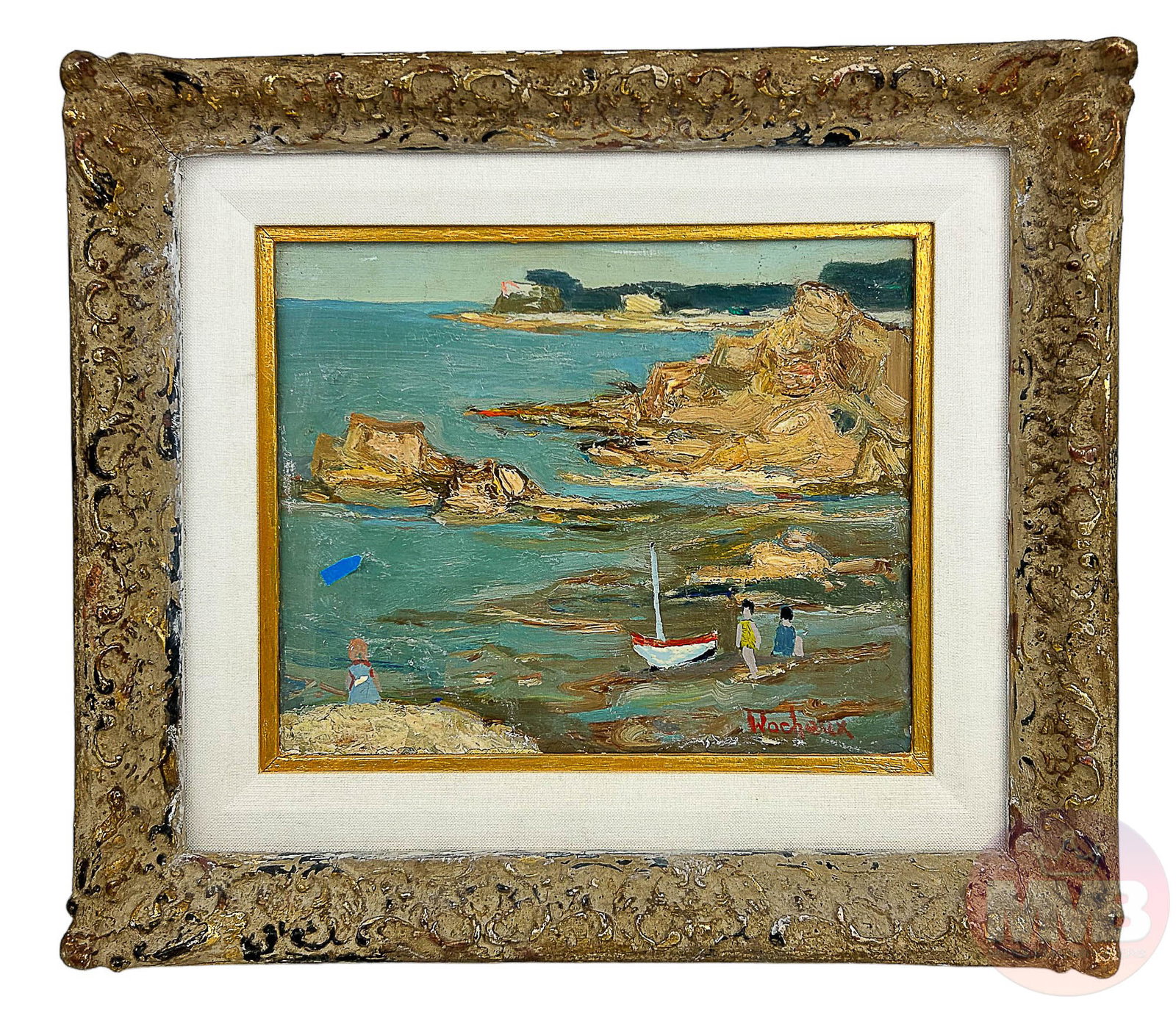 Yves Wacheux Impressionist Seascape Oil Painting: Yves Wacheux ( French, Born 1933 ). Oil on canvas painting. Subject matter depicts young children and a toy sailboat on a rocky beach like setting wit oceanic blue waters and a pastel colored sky. Sig