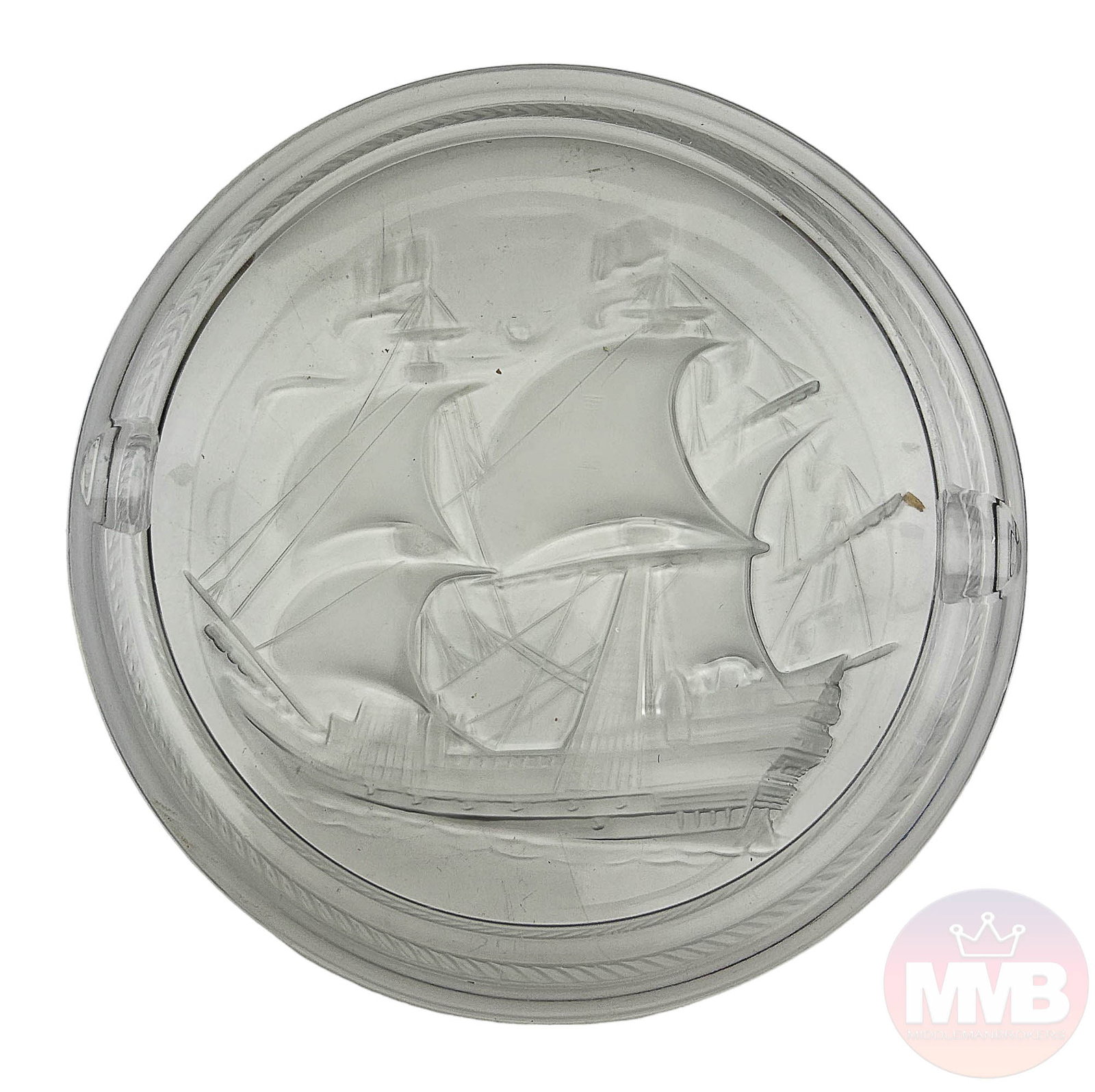 Lalique Crystal Maritime Ship Vessel Ashtray Bowl: French 20th century crystal art glass cigarette cigar coffee table ashtray bowl. Features an etched frosted Galleon Schooner sailing ship to the underside with a gadrooned border around. Prominent cig