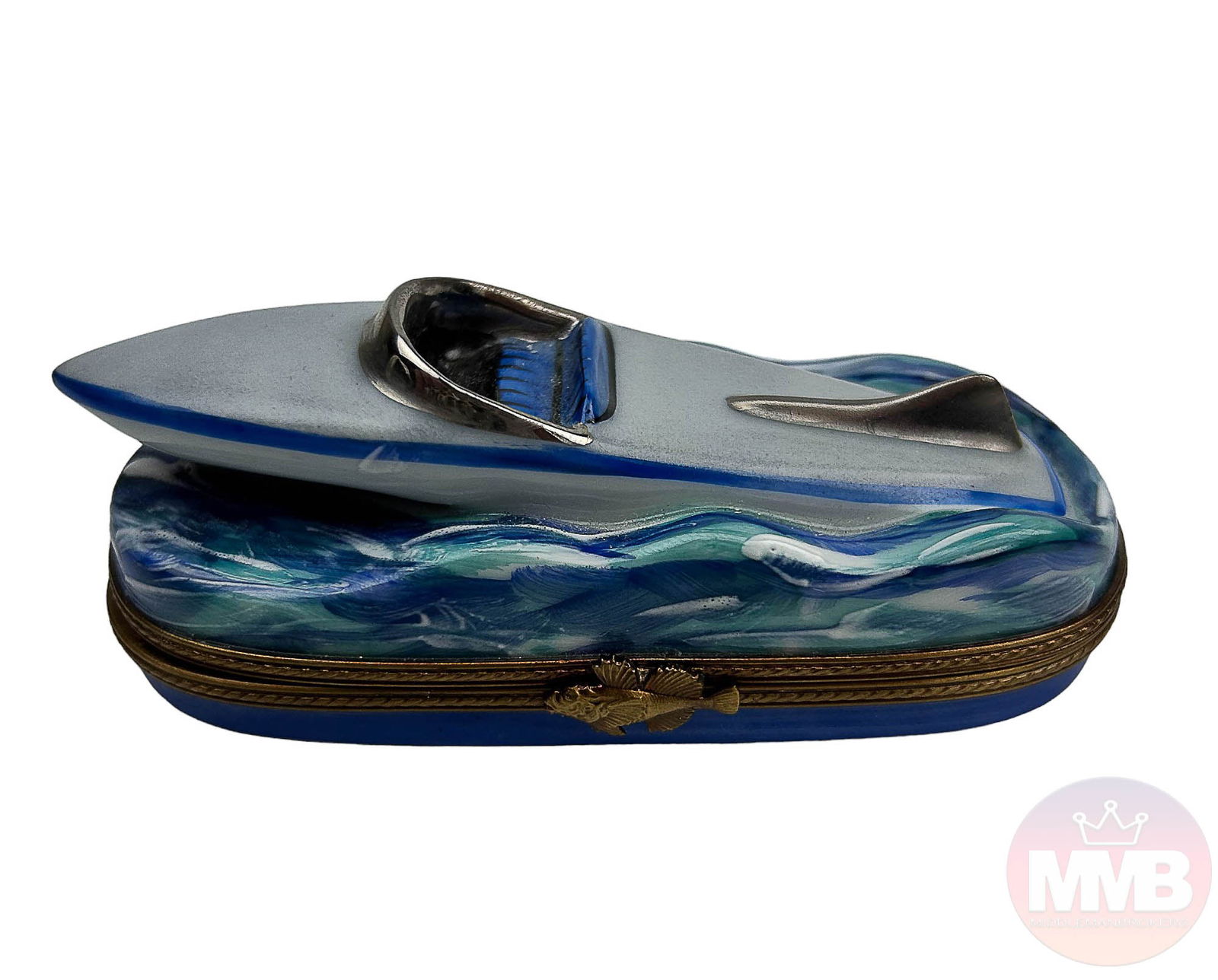 La Gloriette Limoges French Porcelain Trinket Box: France 20th Century hand painted and hand crafted porcelain jewelry, trinket, heirloom, keepsake box modeled as speed boat. Gilt brass mounted hardware with a carp style fish clasp closure. Glazed fin