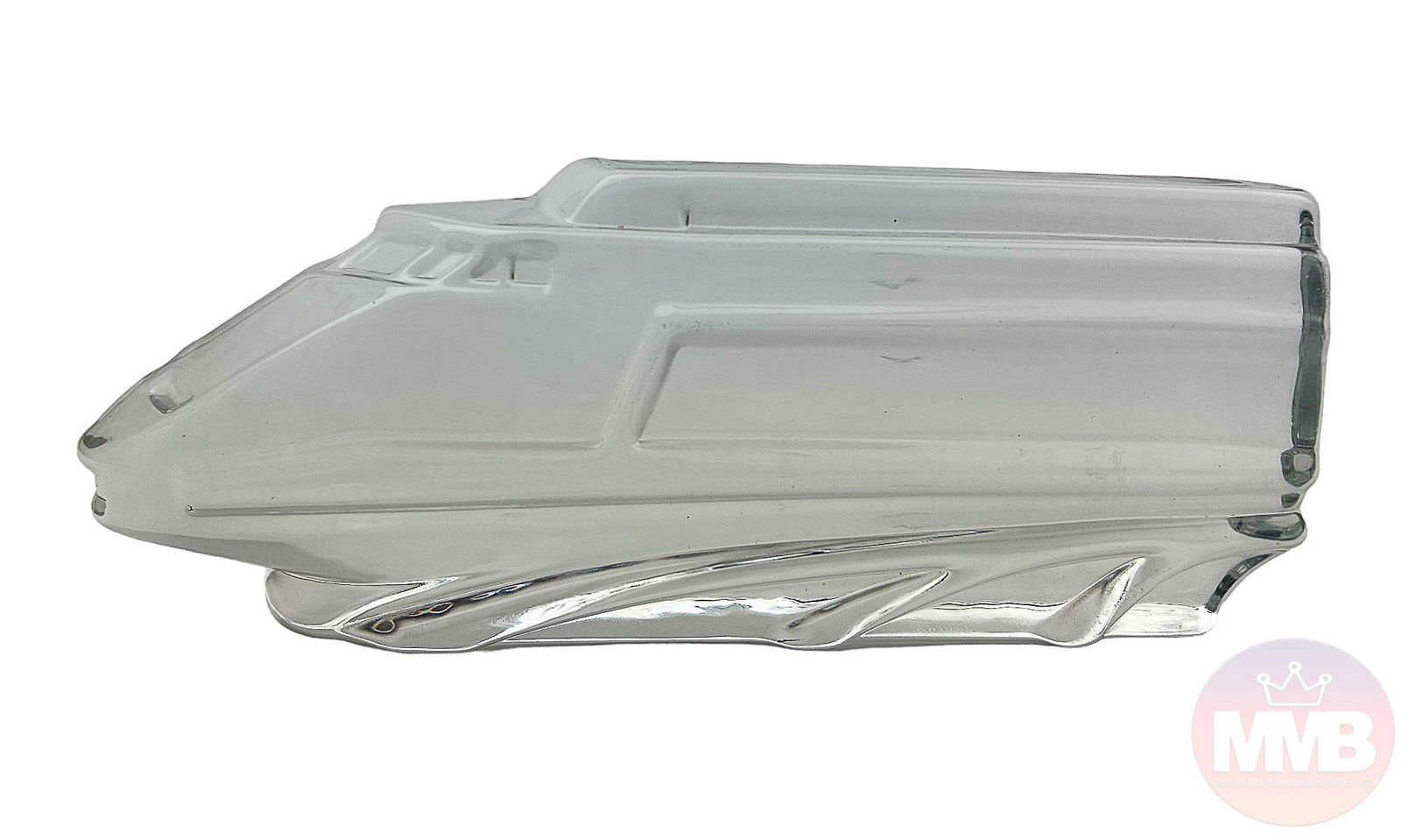 Daum French Crystal TGV Locomotive Train Sculpture: French late 20th Century clear crystal art glass train locomotive sculpture. Designed by Xavier Froissart in 1989. Features a solid molded piece in raised relief, having some amount of 3 dimensionalit