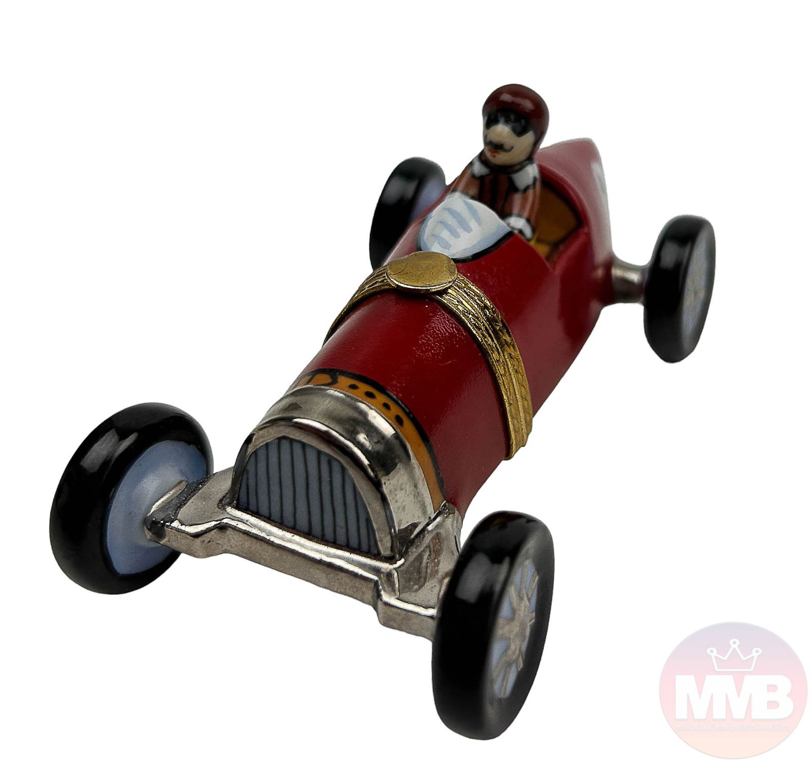 Rochard Limoges Porcelain Red Race Car Trinket Box: A French 20th Century hand painted and hand crafted porcelain jewelry keepsake box modeled as a Formula 1 style speed car with driver. Gilt brass mounted hardware with disc shaped clasp closure. Glaze