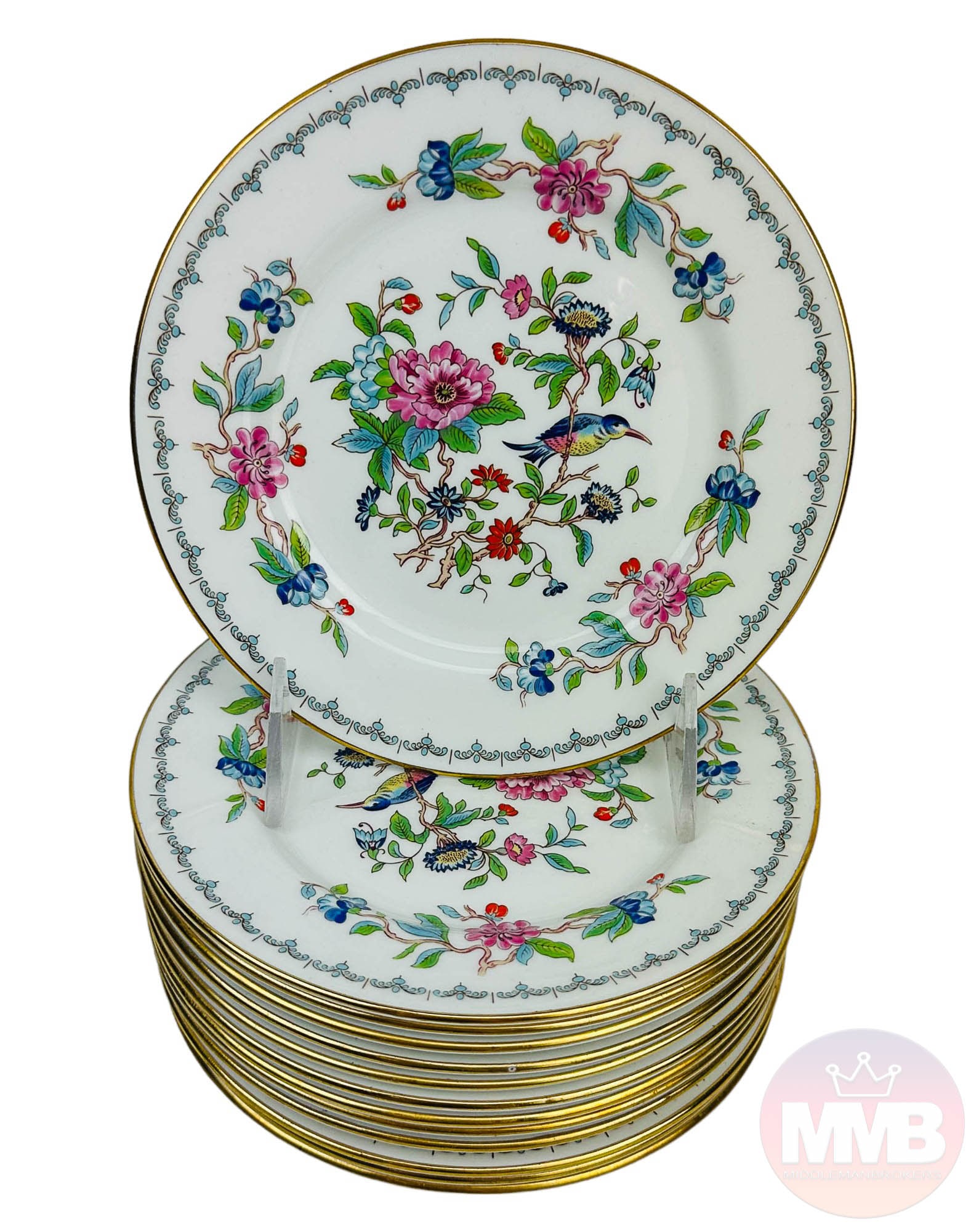 12 Aynsley Pembroke Bird Floral Bread Butter Plate: Design features a floral and bird pattern with a gold trim lining around the border, the motif being based on an Asian inspired 18th century Aynsley design. Production years : 1985 - 2015. Material : 