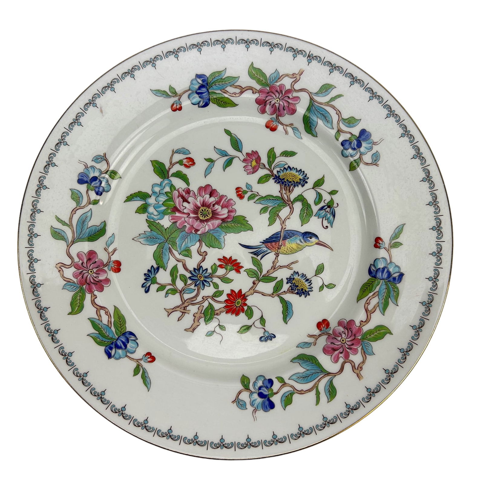 Aynsley Pembroke Bird Floral Dinner Plate 8pc LOT: Design features a floral and bird pattern with a gold trim lining around the border, the motif being based on and Asian inspired 18th century Aynsley design. Production years : 1985 - 2015. Material :