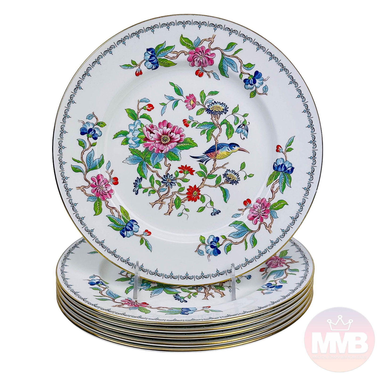 Aynsley Pembroke Bird Floral Dinner Plate 6pc LOT: Design features a floral and bird pattern with a gold trim lining around the border, the motif being based on and Asian inspired 18th century Aynsley design. Production years : 1985 - 2015. Material :