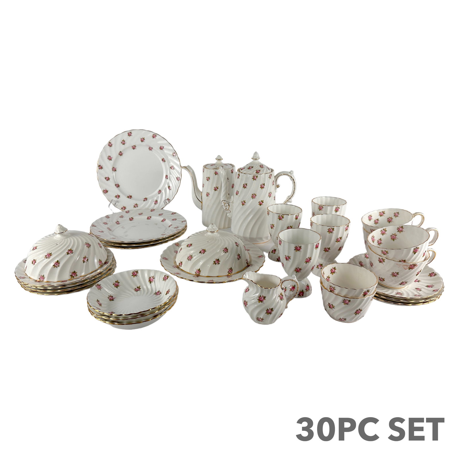 Aynsley English Bone China 30pc Hathaway Tableware: A vintage 30 piece set of English bone china in the Hathaway pattern by Aynsley China Ltd. (Staffordshire). Delicate white porcelain ground with swirled edge pattern, scalloped rims, small pink roses,