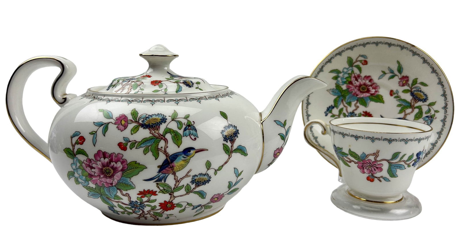 Aynsley Pembroke Bird Floral Teapot Cup Saucer LOT: Includes ~ One (1) Lidded Teapot. Four (4) Tea Cups with four (4) Saucers. Design features a floral and bird pattern with a gold trim lining around the border, the motif being based on an Asian inspir