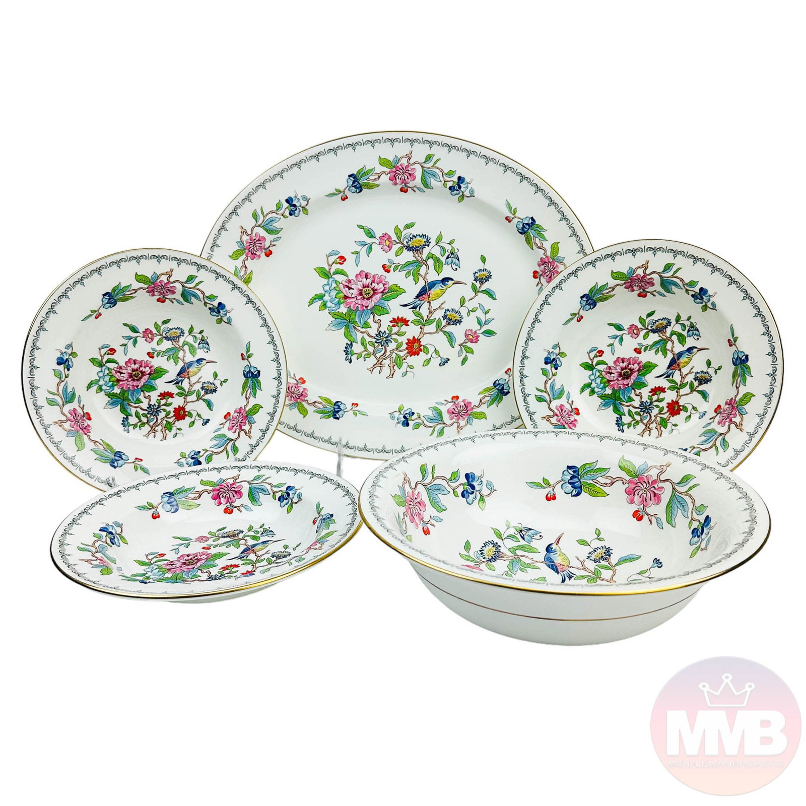 Aynsley Pembroke Bird Floral Soup Bowl Platter 5pc: Includes ~ Three (3) Rimmed Soup Bowls. One (1) Vegetable ? Meat Serving Bowl. One (1) Oval Platter Tray. Design features a floral and bird pattern with a gold trim lining around the border, the motif