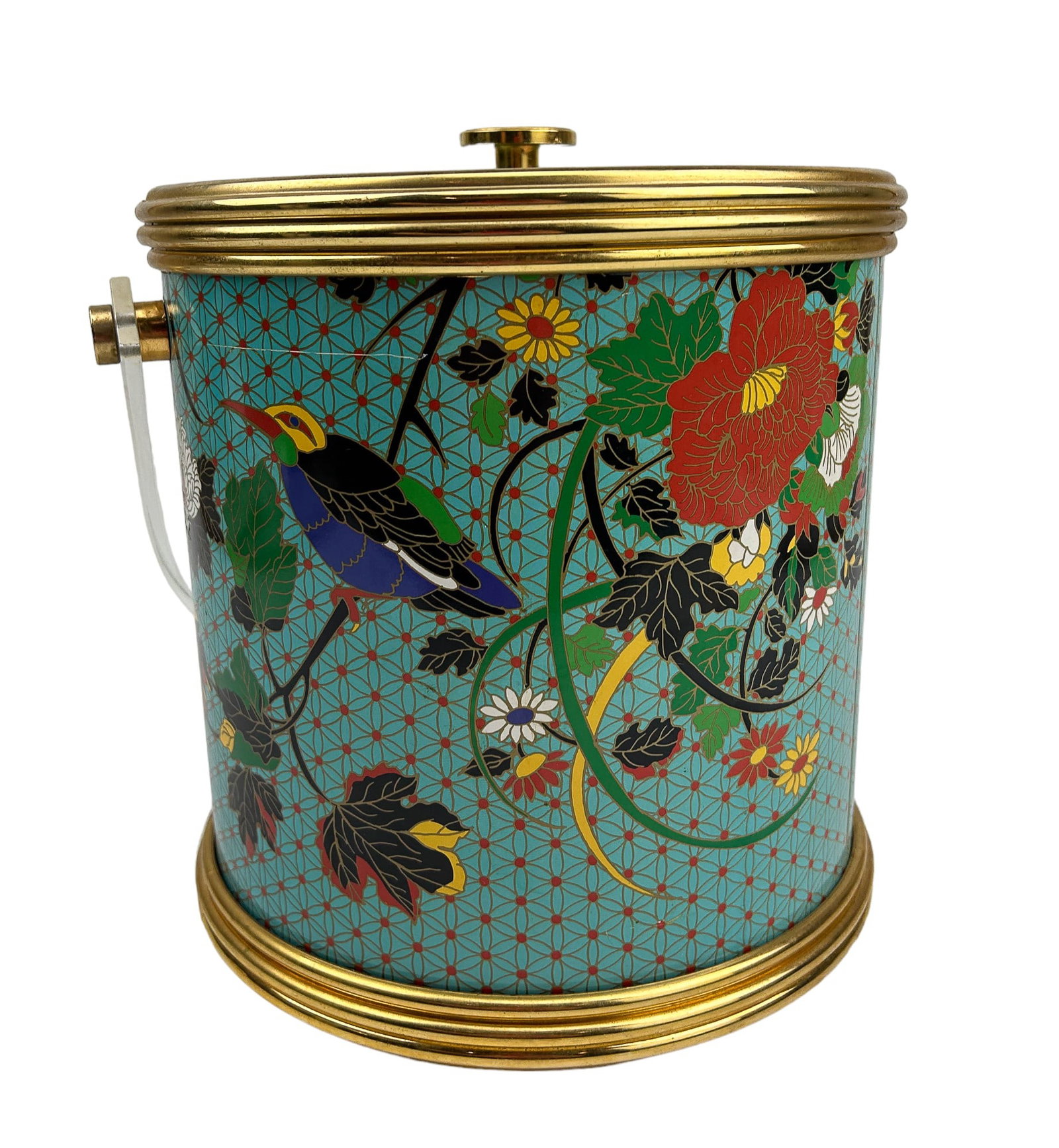 Turnwald Collection Plastic Wine Cooler Ice Bucket: Mid century plastic bar barware collectible accessory from Hans Turnwald. Design features a printed image of colorful tropical birds and floral decorations against a blue turquoise ground with continu
