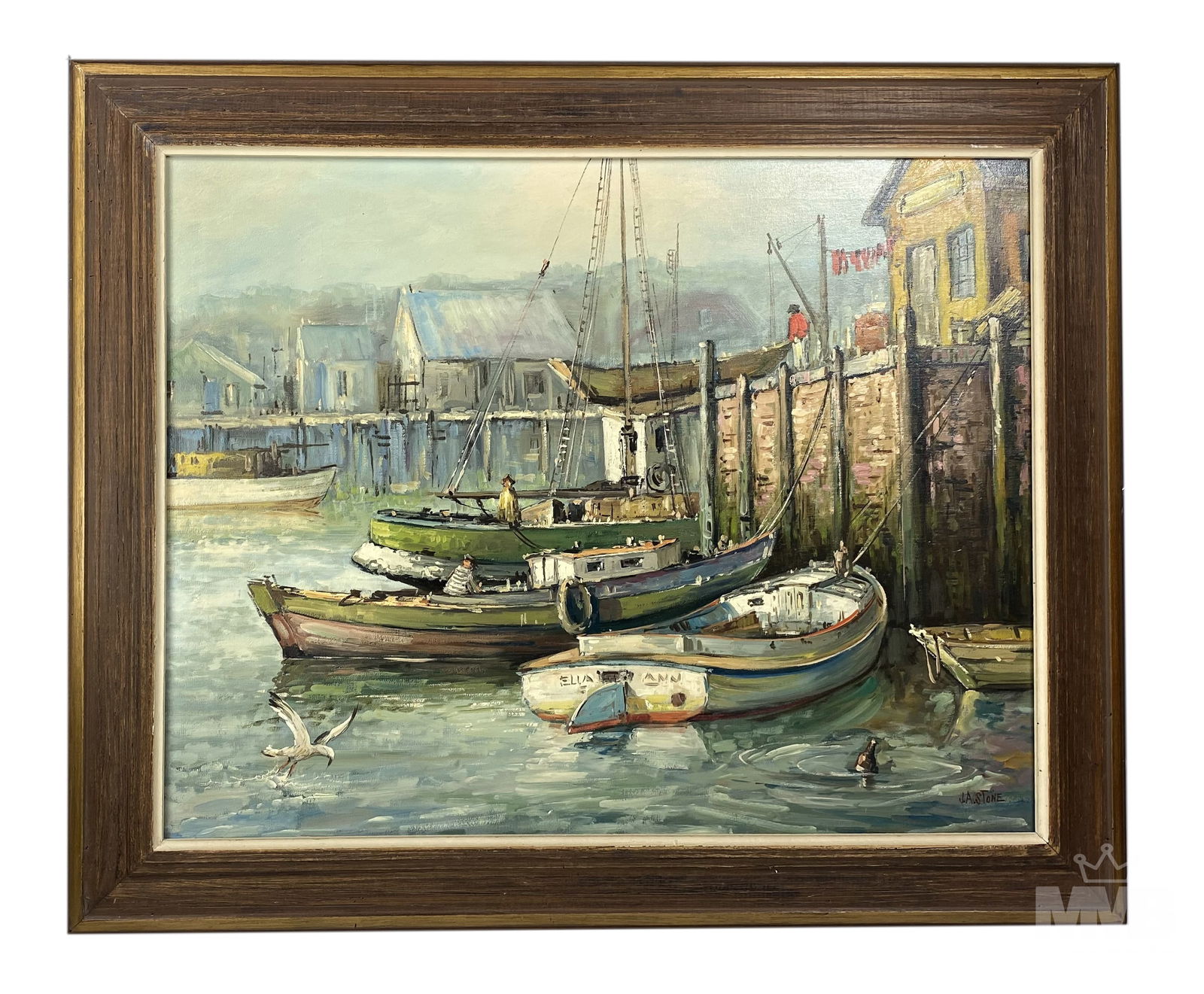 J.A Stone 20c Gloucester Harbor Scene Oil Painting (1 of 5)