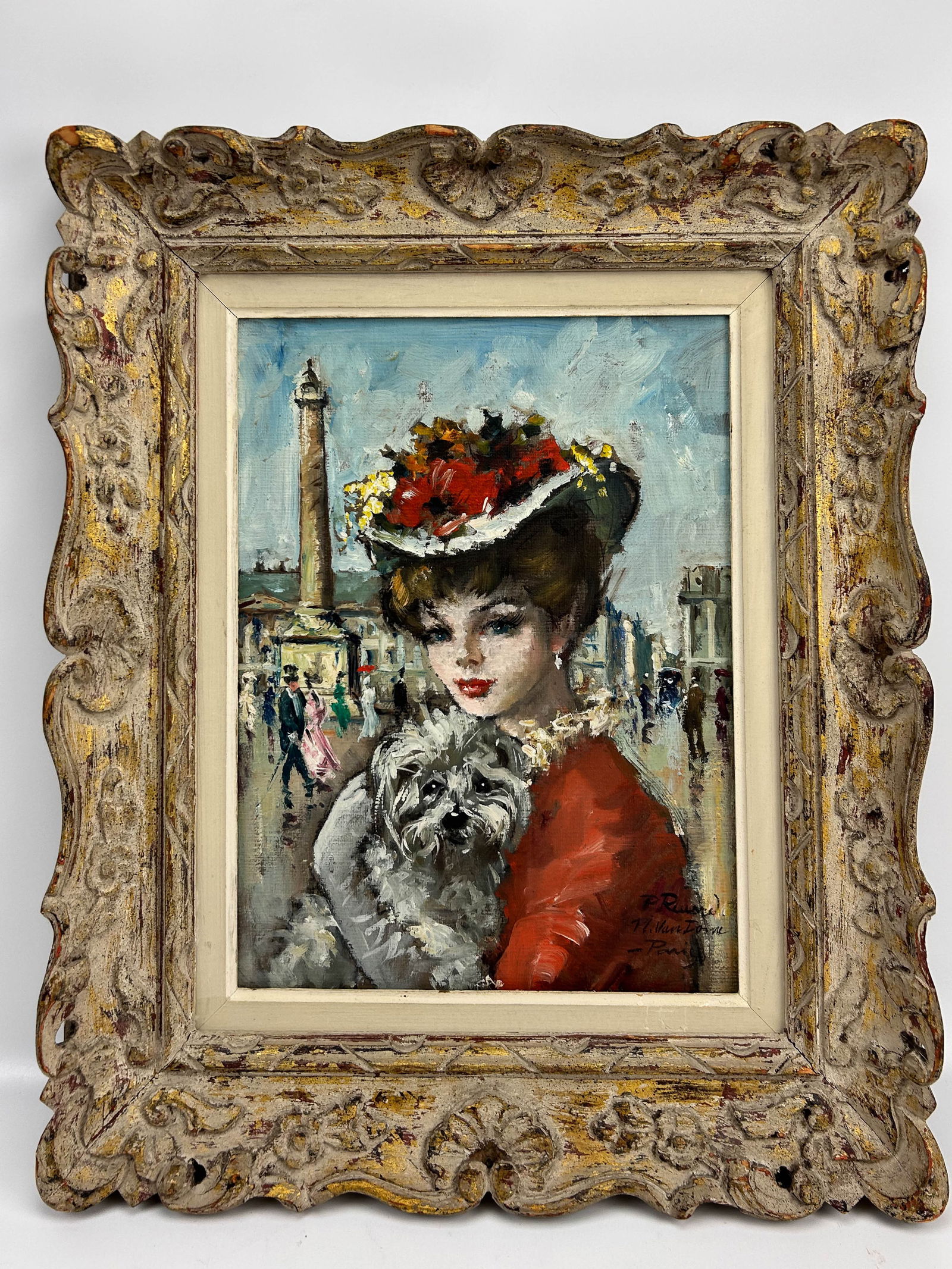 Parisian Street Scene Lady Dog Oil Painting SIGNED (1 of 3)