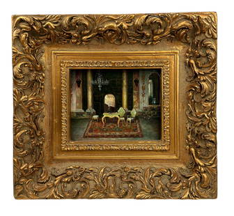 French Rococo Style Interior Room Scene Painting: An antique-style oil painting on board. Work is an interior room scene depicting elegant French-style furniture, a chandelier over a game table, artwork, and a rug. No apparent artist signature.