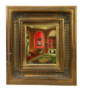 Classic Style Interior Room Scene Painting SIGNED: An antique-style oil painting on canvas. Work portrays an interior room scene characterized by red walls with high ceilings, French-style furniture, decor, artwork, a fireplace and a large floral rug.