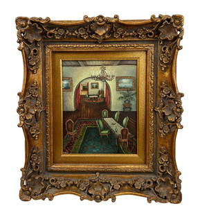 Classic Style Interior Room Scene Painting SIGNED: An antique-style oil painting on canvas. Work is an interior room scene depicting French-style furniture, decor adorned with plants, artwork, a chandelier and a rug. The artist's signature is located