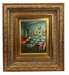 Classic French Style Interior Room Scene Painting: An antique-style oil painting on canvas. Work is an interior living room scene with light blue walls, French-style furniture, decor, wall sconces, artwork and a floral rug. No apparent artist signatur