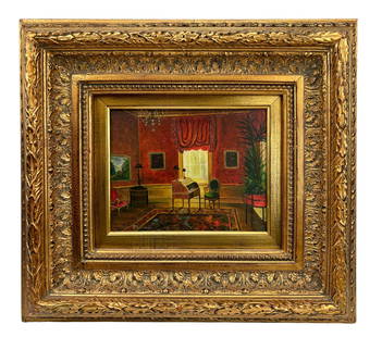 Classic French Style Interior Room Scene Painting: An antique-style oil painting on canvas. Work portrays an interior room scene characterized by red walls adorned with a French-style writing desk, complemented by decorative elements such as plants, a