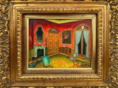 Classic Style Interior Room Scene Painting SIGNED: An antique-style oil painting on canvas. Work portrays an interior room scene characterized by red walls adorned with a French-style furnishings, complemented by decorative elements such as