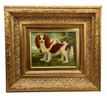 Victorian Style Cavalier King Charles Dog Painting: An antique-style oil painting on canvas. Work depicts a classic portrait of a Cavalier King Charles and/or Cocker Spaniel dog with a ginger and white fur coat. The artist's signature is located in