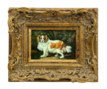 Victorian Style Cavalier King Charles Dog Painting: An antique-style oil painting on board. Work depicts a classic portrait of a Cavalier King Charles and/or Cocker Spaniel dog with a ginger and white fur coat. No apparent artist signature. Presented i