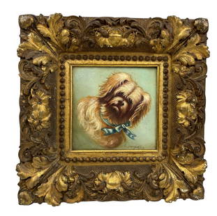 Vintage Portrait Terrier Dog Oil Painting SIGNED: An original oil painting on canvas. Work depicting a portrait of a Maltese and/or Terrier dog. The dog has a serene expression, and is adorned with a white and blue ribbon around its neck. Artist sign