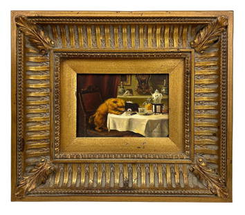 Victorian Style Dogs at Tea Party Painting SIGNED: A Malive (20th century). This original oil painting on board. Work depicts an antique-style interior room scene featuring two terrier dogs seated at a tastefully set table for tea time, complete with