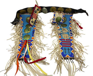 Native American Indian Belt w Beaded Fringe Chinks: OOAK ( One of a Kind ) handcrafted article of Native American Indian cultural art. Made of textiles, multicolored beads, bells, horse hair, ribbons, leather fringes, black leather and large round bras