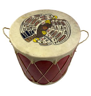 Native American Indian Wood & Rawhide Painted Drum: Handcrafted "Tarahumara" style tribal primitive hoop drum modeled with genuine animal hide and real wood. Top with a hand drawn design of the American Eagle with a yellow colored beak and having brown