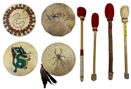 Native American Indian Drum Shield Mallet 4pc LOT: Estate collection lot of a total of four (4) handcrafted OOAK ( One of a Kind ) tribal tribal drum shields of Native American Indian cultural art. Each features hand drawn multicolored graphics on the