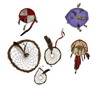 Native American Indian Tribal Dreamcatcher 6pc LOT: Handcrafted sacred woven hoops of Native American Indian cultural art. Modeled with rawhide and decorated with either feathers, fabric or have hand painted designs. Includes a total of six (6).