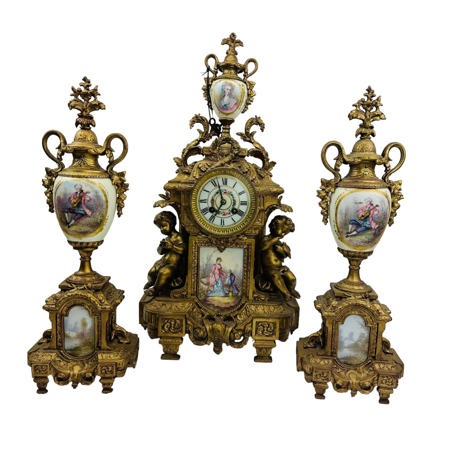 Antique French Bronze Porcelain Clock Garniture 3p (1 of 3)