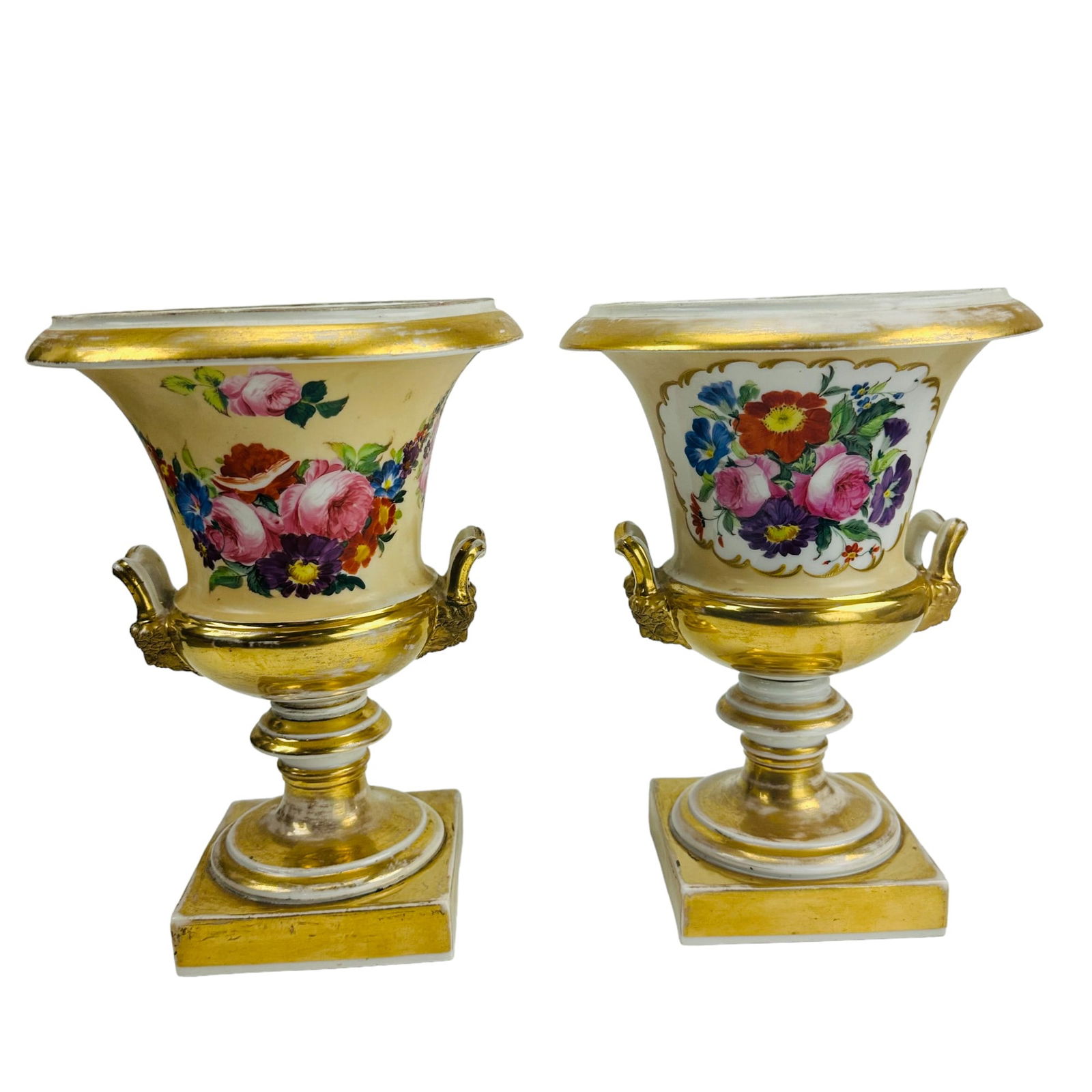 Antique Pr Porcelain Floral Gold Gilt Mantle Vases: Late 19th early 20th century pair of porcelain shelf mantle vases. Each decorated with a hand painted floral motif on opposite sides against a cream ground with satyr bearded mask face forms. Gold ton