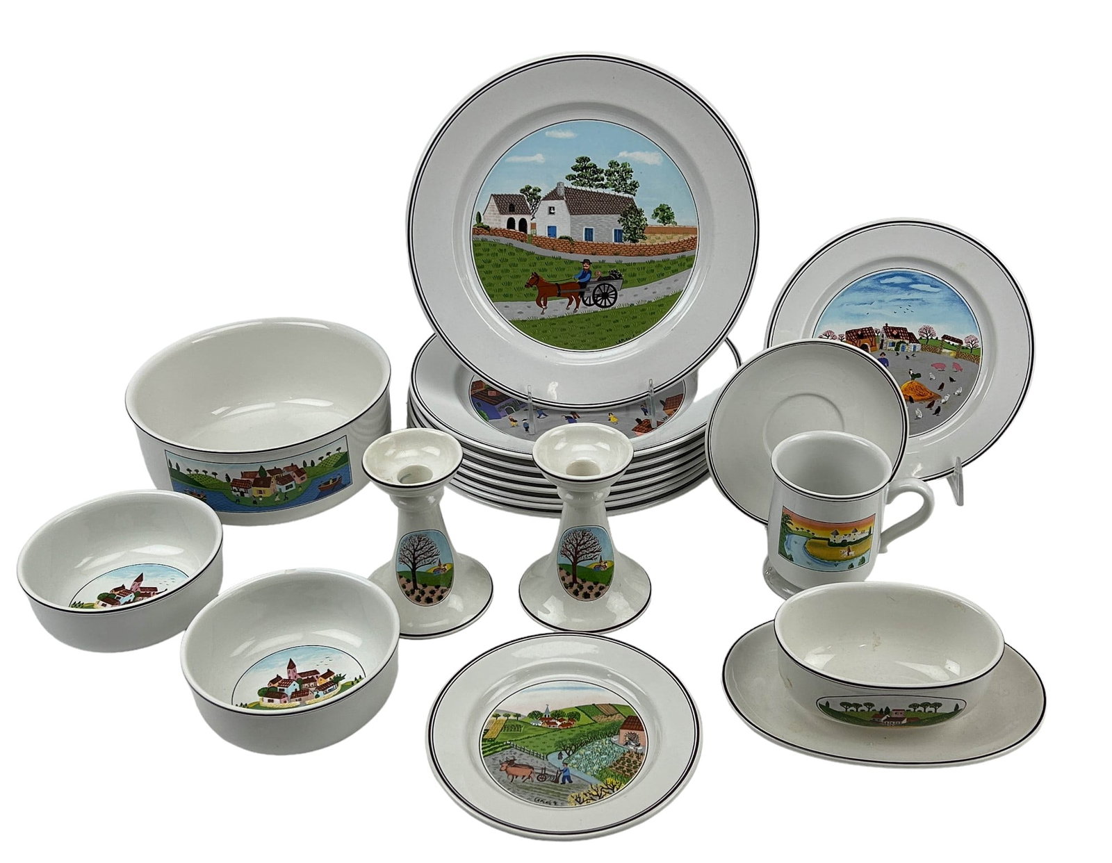 Villeroy Boch Design Naif Plate Bowl Candleholders: Manufacturer : Villeroy & Boch. Country of origin : Germany. Pattern : Design Naif. Circa : 1983. Designed by Corsican artist Gerard Lalplau ( French, 1938 - 2009 ). Patterns feature idyllic rural pic