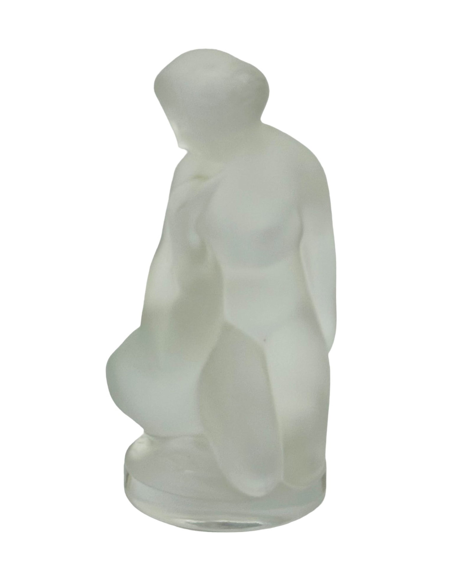 Lalique Frosted Crystal Leda Swan Glass Sculpture: French 20th century Art Deco figural and bird sculpture. Subject matter features the Greek mythological princess Leda, in nude seated pose embracing Zeus, The Greek mythological God of the Sky and Fat