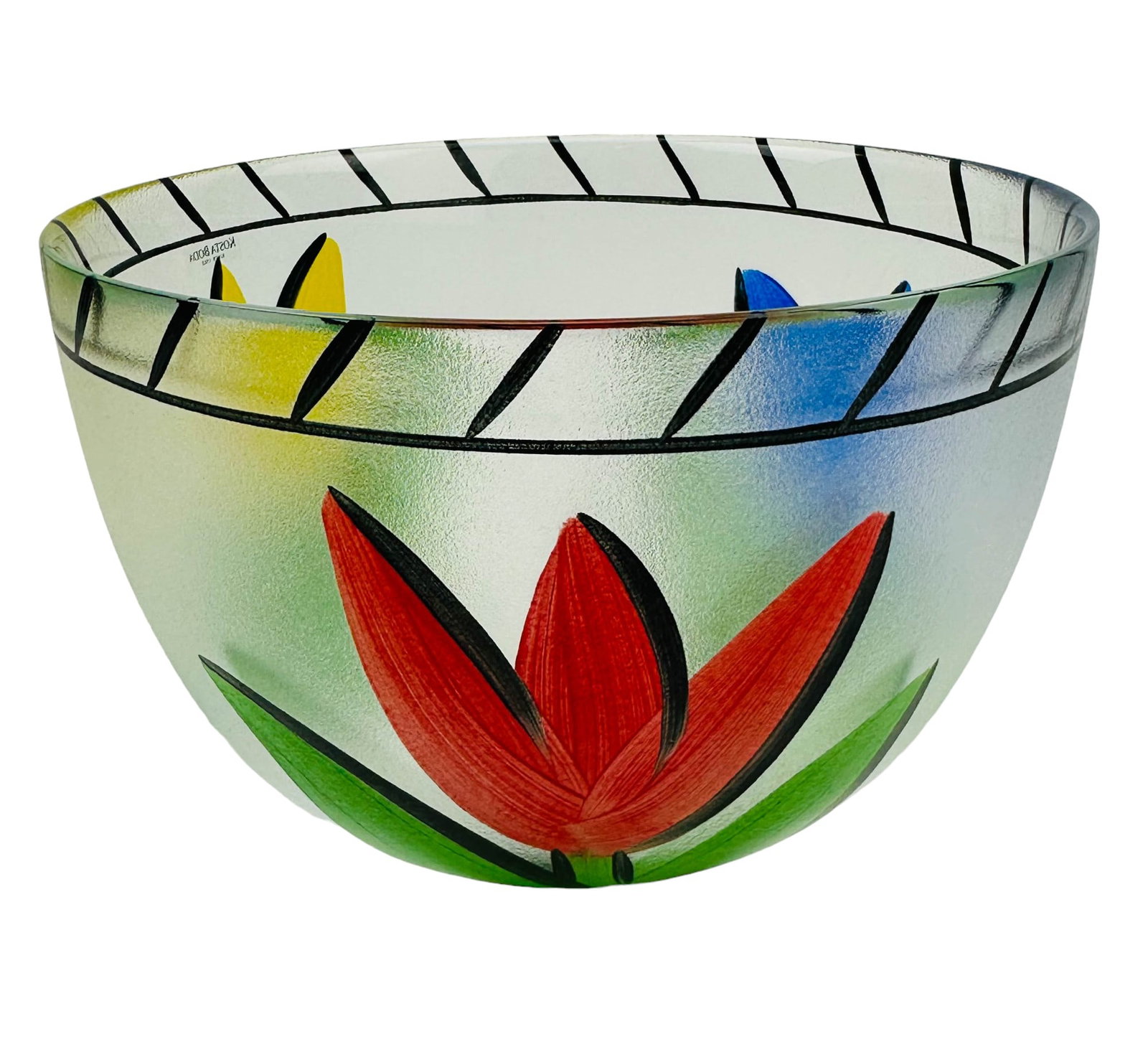 Kosta Boda Ulrica Hydman Vallien Glass Tulip Bowl: 20th century Swedish art glass hand painted "Tulip" vessel large mixing bowl from Kosta Boda. Designed by Ulrica Margareta Hydman Vallien ( Swedish, 1938 - 2018 ). Design features painted tulips aroun