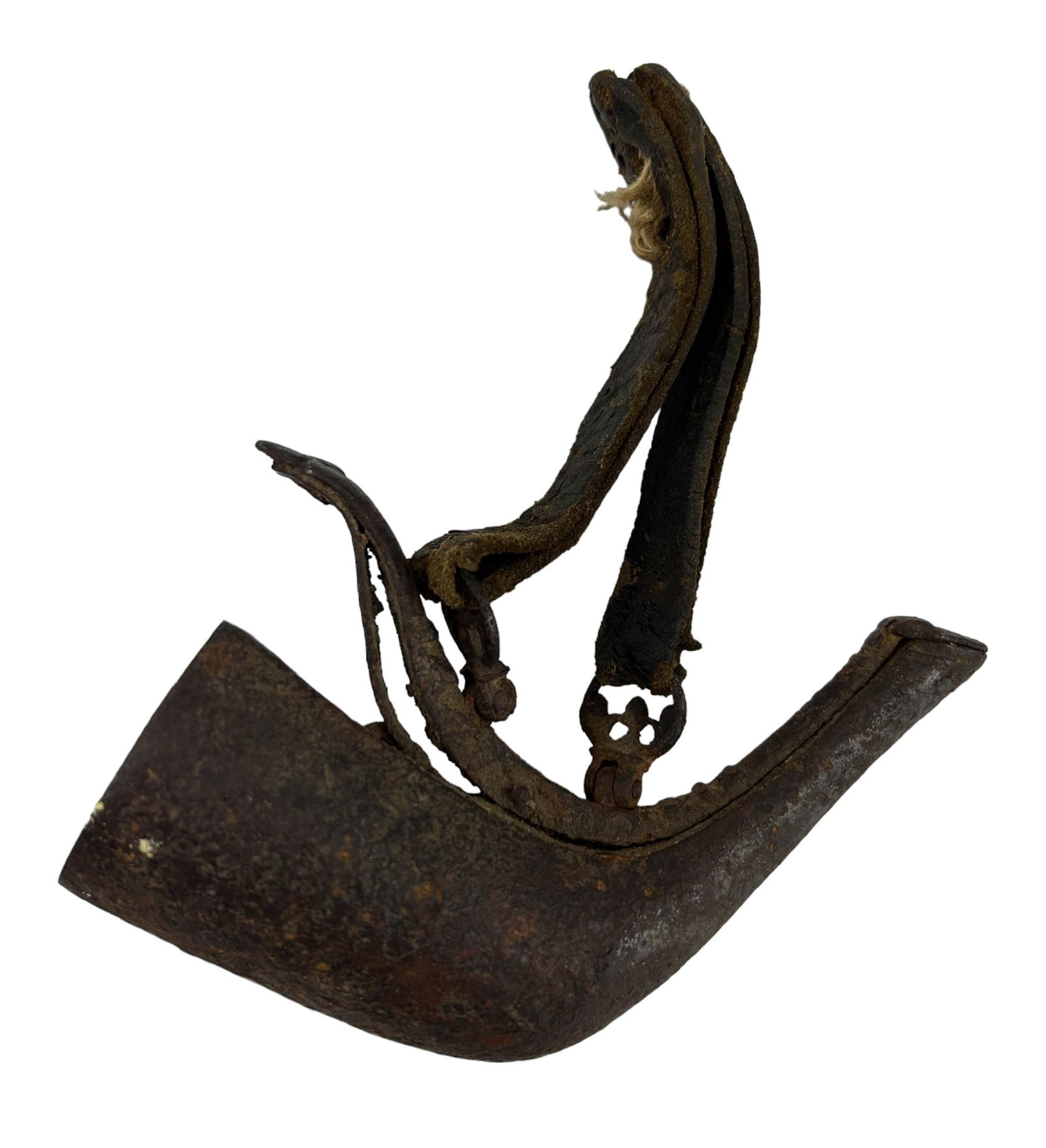 Antique Cast Iron Gunpowder Holder w Leather Strap (1 of 2)