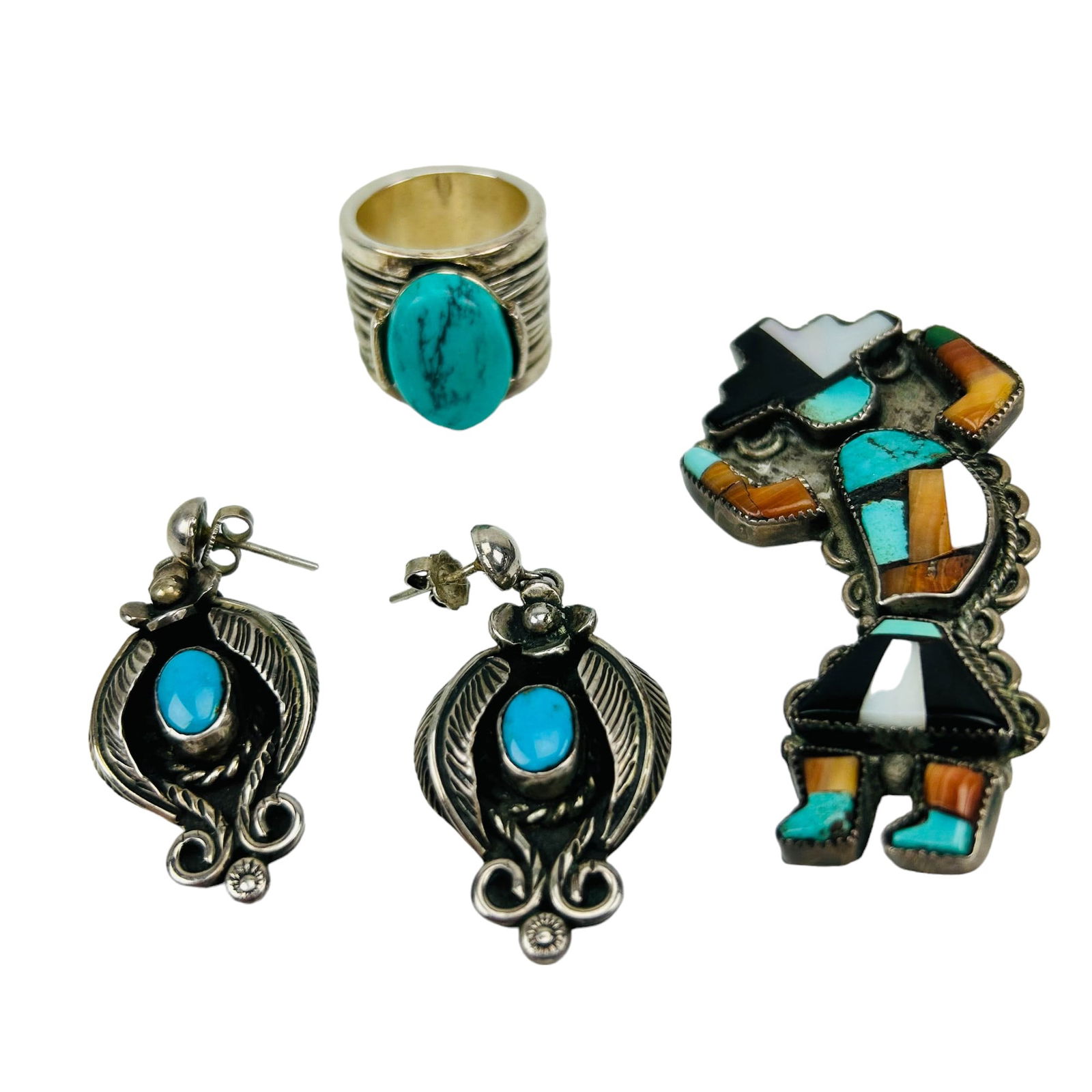 American Indian Silver Gemstone Earrings Pin Ring (1 of 7)