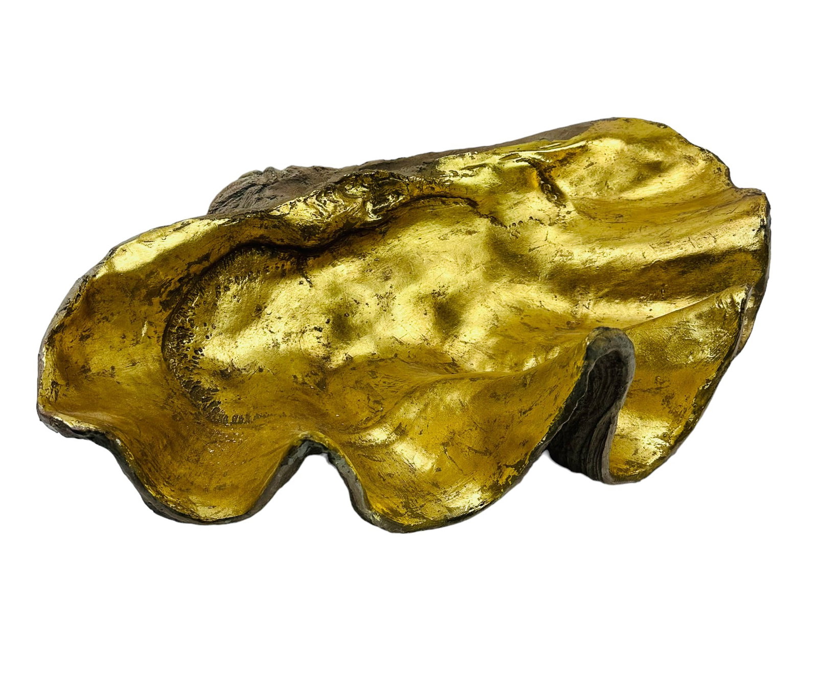 Giant Faux Clam Shell Natural Body Gilt Interior: Vintage oversized giant faux clam shell. Molded and textured in fiberglass composite resin. Naturally colored exterior body. Interior is decorated in gold gilt. Extremely realistic. Mollusk pattern an