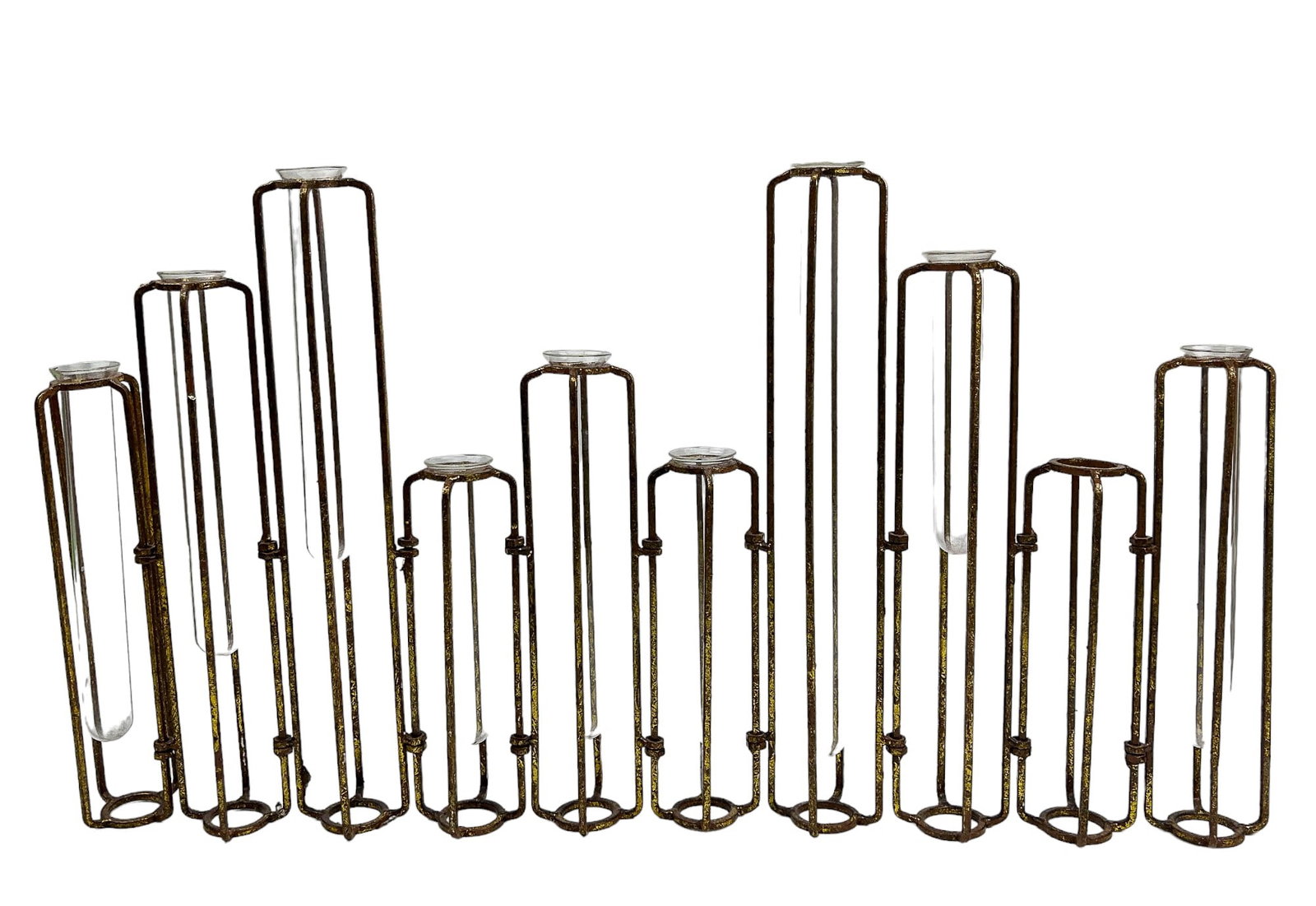 Ten Hinged Gold Finish Glass Test Tube Flower Vase: Antiqued gold plated moveable flower vase with removable glass test tube insert vases(missing one tube), of varying heights. Can be arranged in several configurations to create different looks. Measur