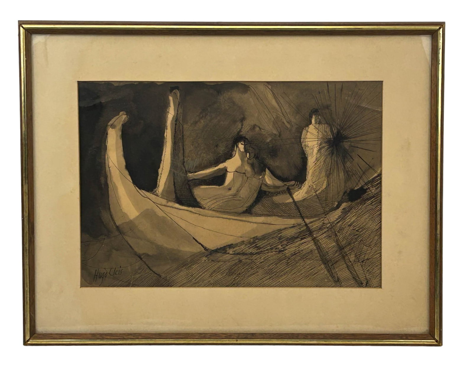 Hugo Cleis Figural Boat Watercolor Painting SIGNED: Hugo Cleis ( Swiss, 1903 - 1979 ). Black and white watercolor painting on paper. Depicts figural forms, one standing, two seated rowing a boat with a starburst pattern towards the right. Signed lower 