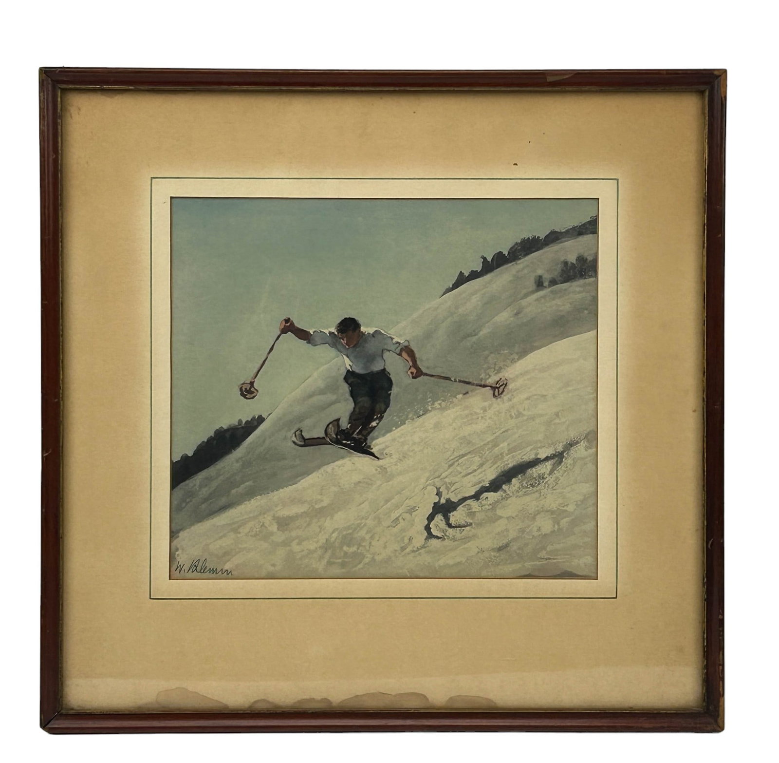 Figural Skier on Ice Watercolor Painting SIGNED: Watercolor on paper. This winter sport subject matter depicts a male skier Alpine skiing down snow covered hills. Artist signed lower left corner. Art presented in a dark colored wood frame. Work Size