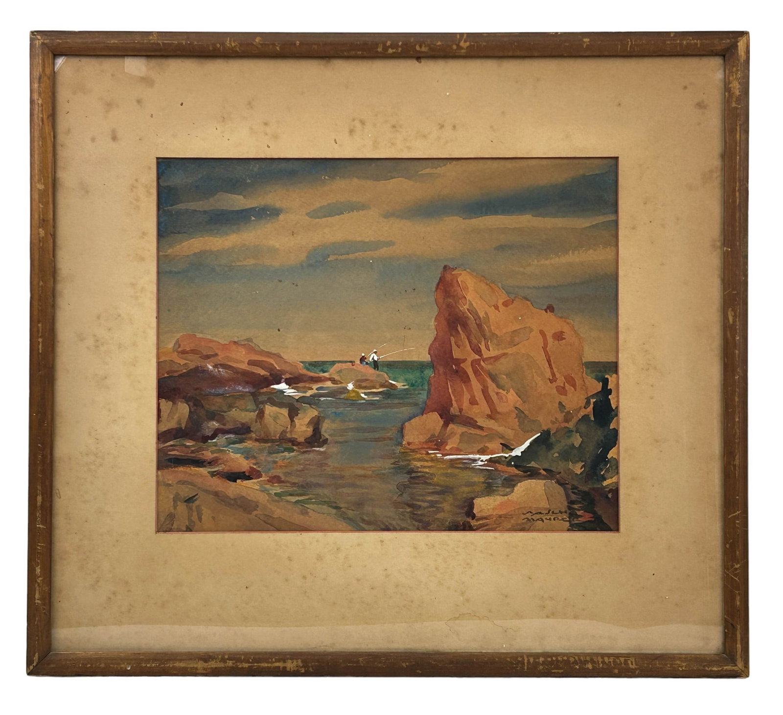 Sascha Maurer Coastal Watercolor Painting SIGNED: Sascha A. Maurer ( American, 1897 - 1967 ). Watercolor painting on paper. Depicts figures standing on rocks fishing in the ocean, against an off white sky blue ground. Signed lower right. Art presente