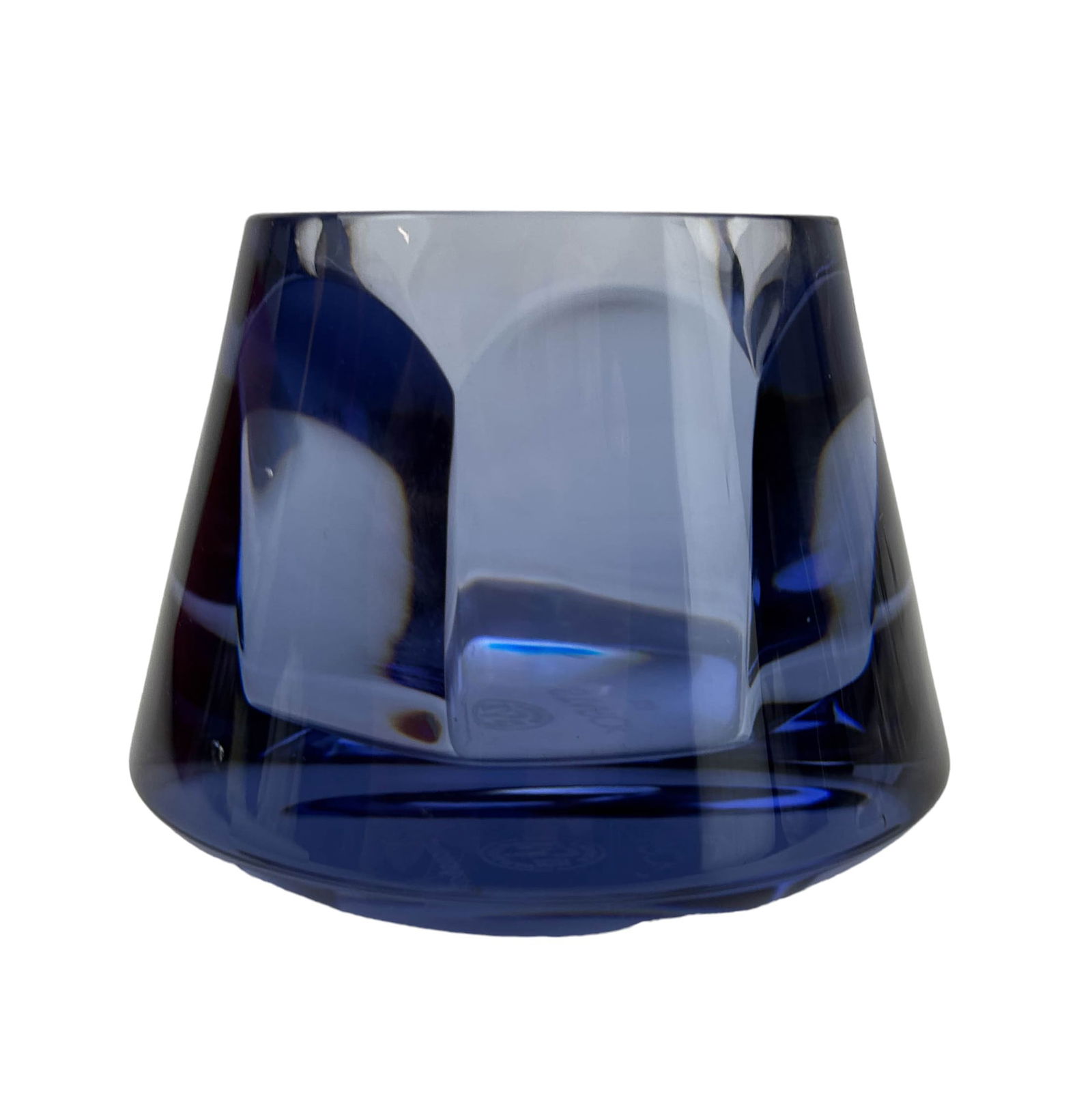 Baccarat Harcourt Our Fire Baby Blue Votive w/ Box: Baccarat France French Crystal Art Glass Tea Light Votive candle holder. Modeled in their Harcourt pattern with a blue coloration. Circa 2020. Created by Philippe Starck, designer of the original Our