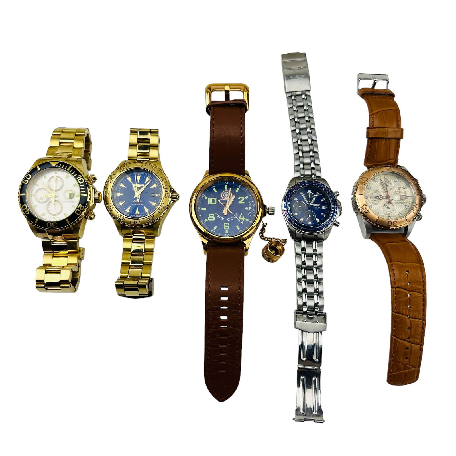 Invicta Mens Wrist Watch ESTATE COLLECTION LOT 5pc: Total of five (5) Men's Wristwatch Gentlemen's Watches by Invicta. Includes ~ One (1) Automatic Professional 200M. Two (2) Reserve Automatic Chronograph 500M. One (1) Russian Diver since 1959 One (1)