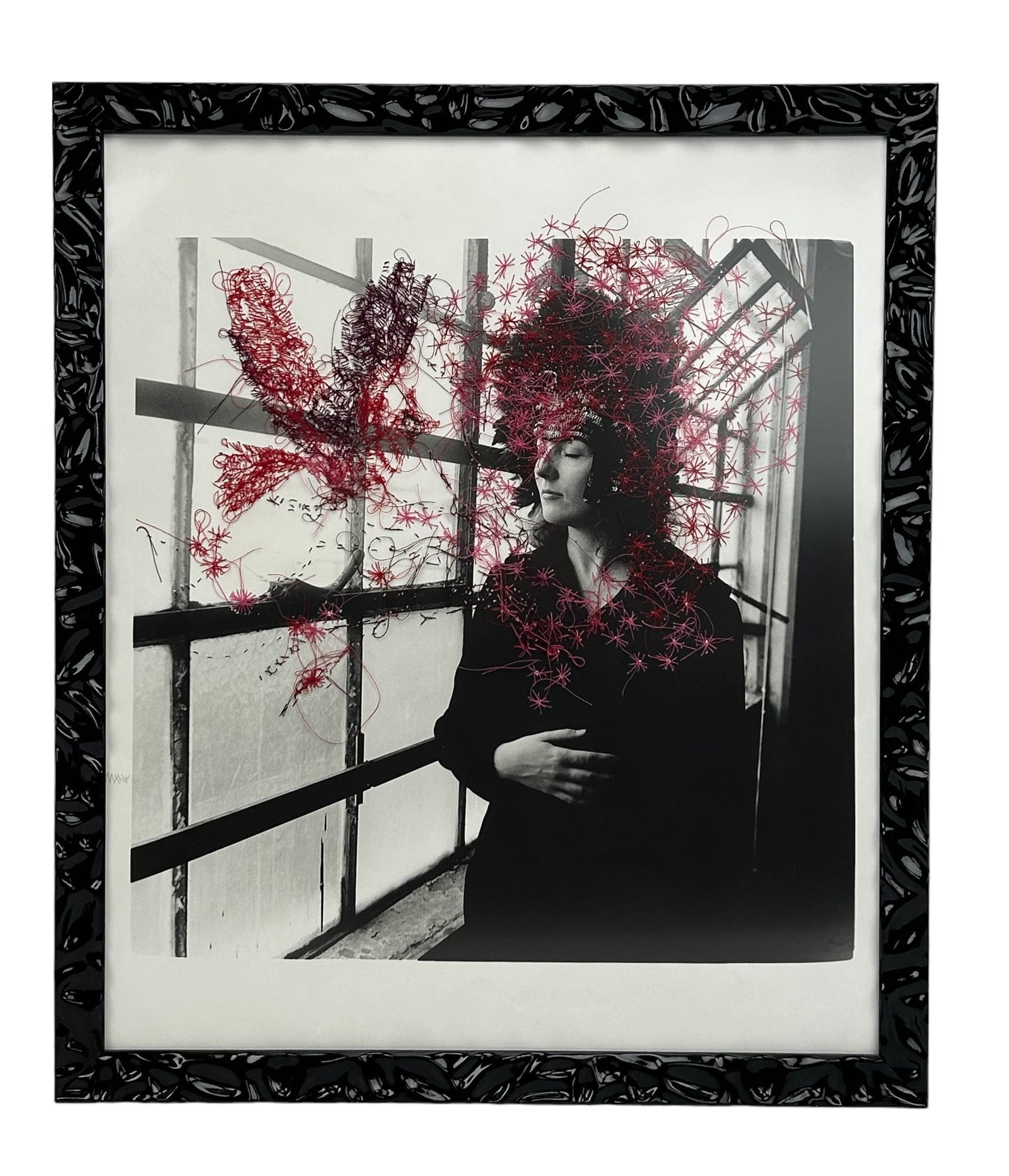 Melissa Zexter Embroidered Black White Photograph: Melissa Zexter ~ American 20th century Brooklyn based artist who creates embroidered photography. Subject matter depicts a young lady dressed in black, with eyes closed, in a meditative pose with hand
