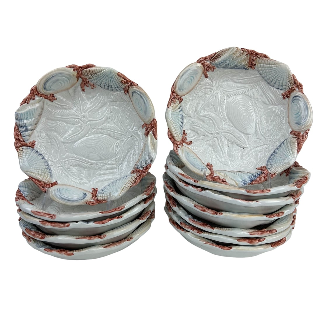 Mariposa Nautical Seashell Ceramic Pasta Bowl LOT: 20th century Italy Italian ceramic pottery dinnerware serveware. Each features raised relief multicolored shell decorations around the scalloped border, the center with repeated sea life motif in whit