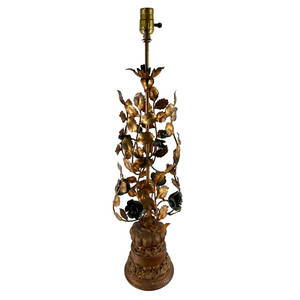 Italian Florentine Tole Gilt Brass Floral Lamp 26"