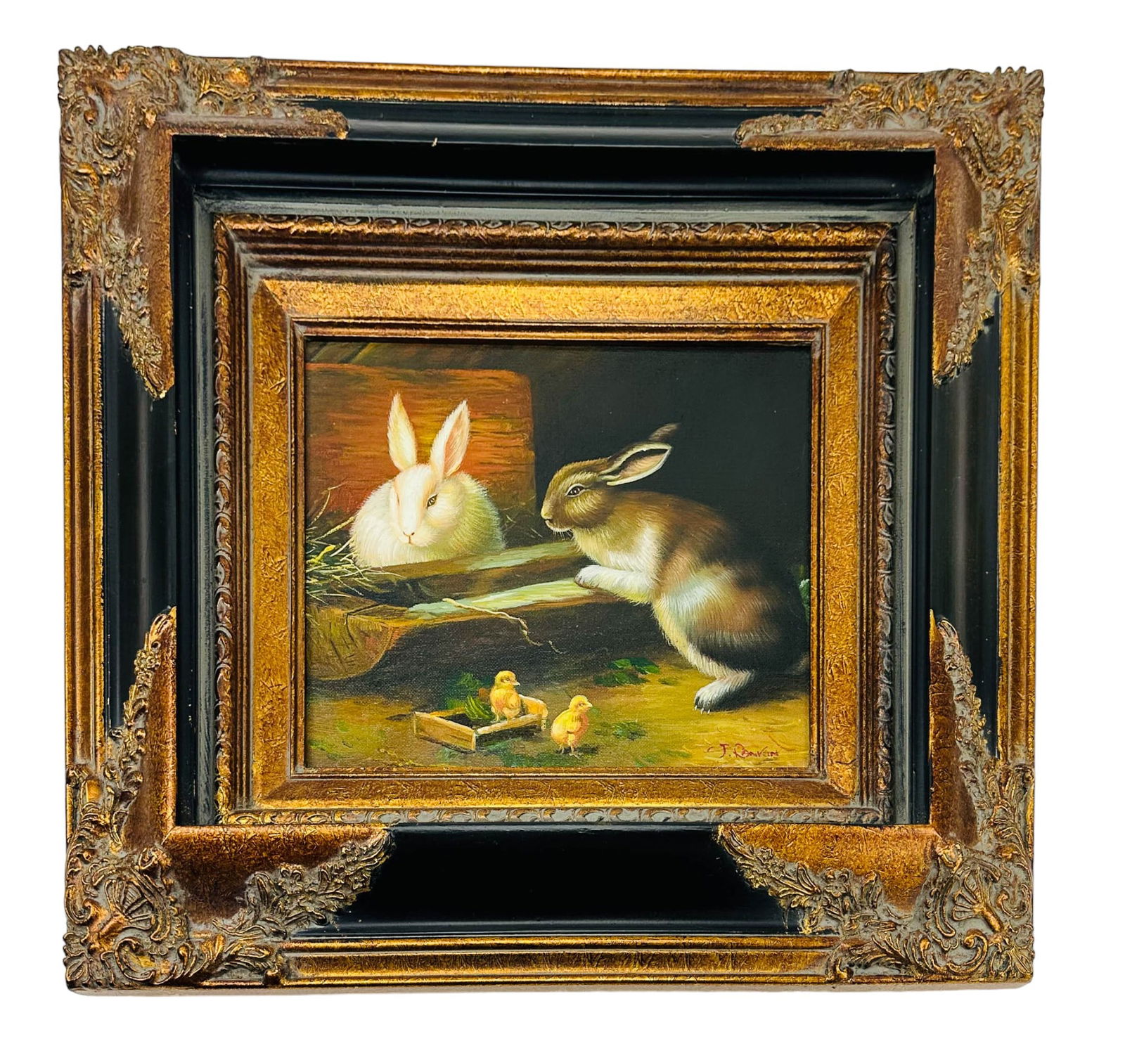 J Rankin 20C Rabbits and Chicks Barnyard Painting (1 of 4)